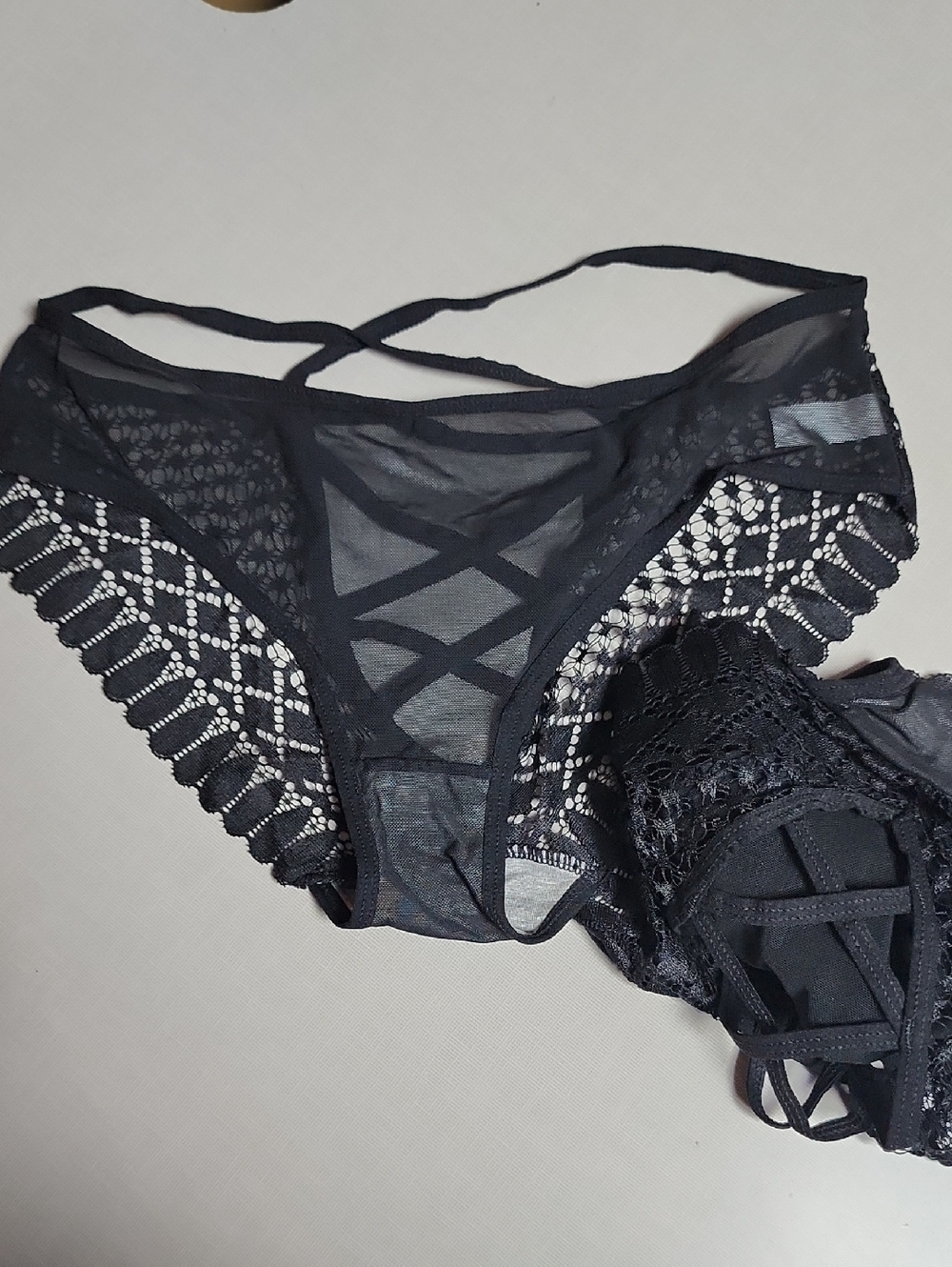 3 Pk Sexy Black Mesh Lingerie Thong with Cross Straps and Lace